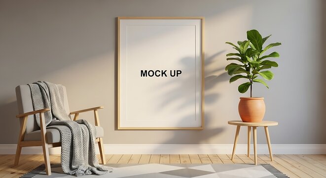 A large vertical wooden frame hanging on a gray wall above a wooden side table with a potted fiddle leaf fig plant and a gray armchair