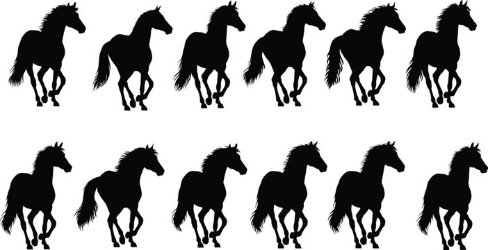 Running horse silhouette set with wild mustang stallion mare and colt figures for equestrian sports logo design vectorRunning horse silhouette set with wild mustang stallion mare and colt figures for 