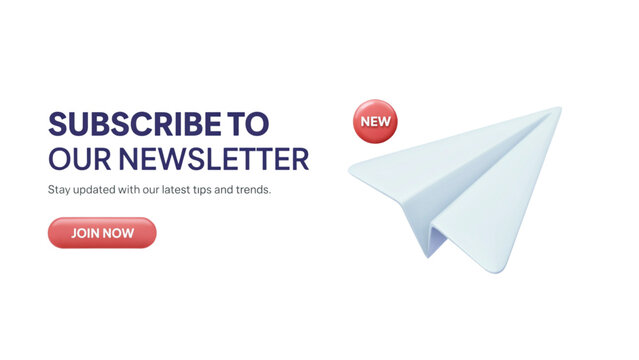 Modern newsletter subscription banner with paper airplane icon and red button Vector
