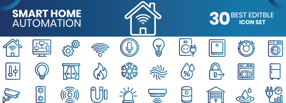 Smart home automation 30 icon set editable icons for home technology. Smart home security icon set featuring surveillance cameras, smart locks, home automation, alarm systems, remote monitoring