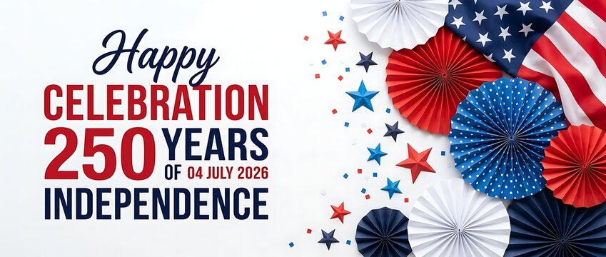 Happy 250th celebration years of independence day united states of america july 4 2026 holiday patriotic american flag confetti stars and paper fans.