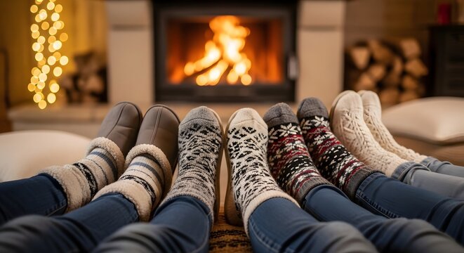 Group of people wearing winter socks by a fireplace. Cozy holiday atmosphere and indoor comfort. Families relaxing at home with warm socks sitting near a burning fire