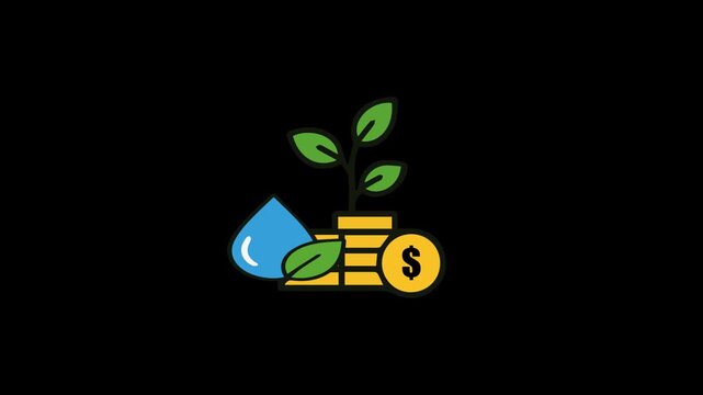A green plant grows from stacked coins with a water droplet nearby indoors.