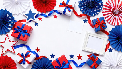 Fototapeta premium USA Patriotism: Patriotic Party Border With Gifts and Blank Cards