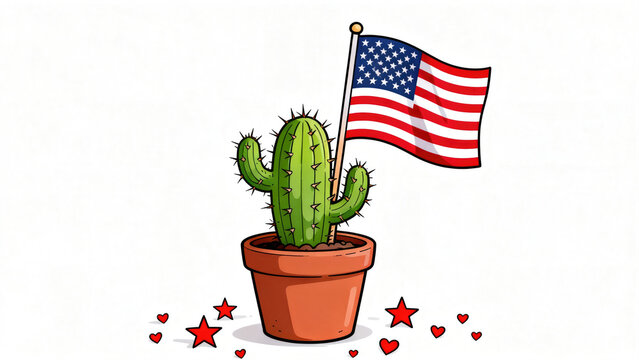 American Cactus: Patriotic Illustration with USA Flag, Ideal for US Independence Day and Botanical Concepts.