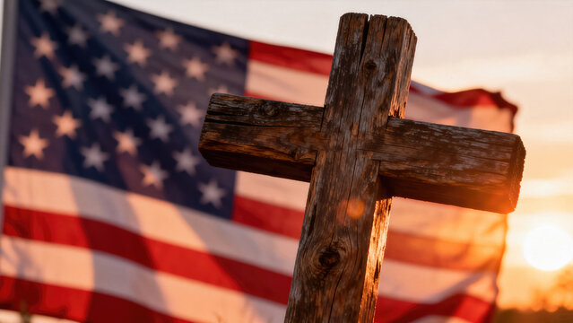 Wooden Christian cross stands before waving American flag in bright sunlight. Symbolizes faith, patriotism, and national values blended together.