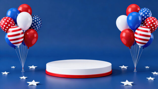 Patriotic 4th of july celebration scene with red white and blue balloons and stars