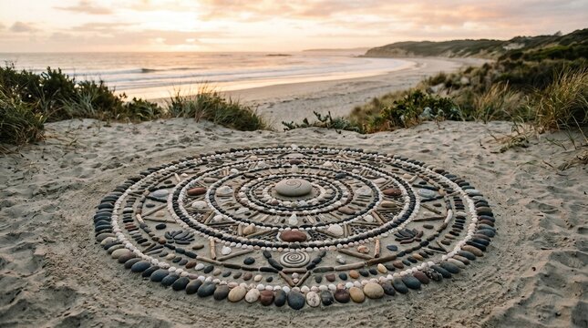 Intricate stone mandala art pattern created on sandy beach surface with natural pebbles driftwood and seashells during peaceful golden hour sunset reflecting on ocean waves and scenic coastal horizon.