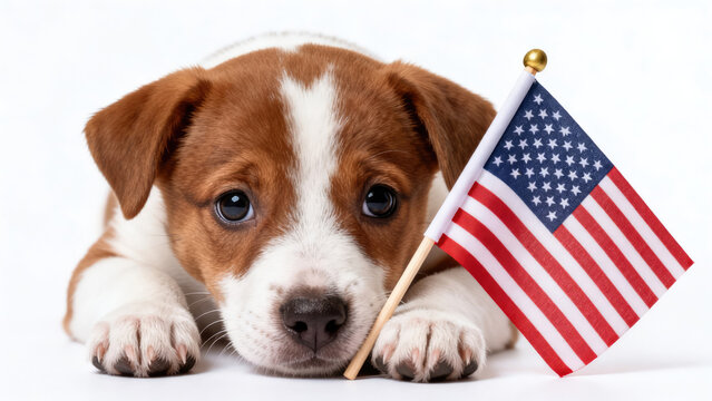 A small brown and white dog holding an american flag