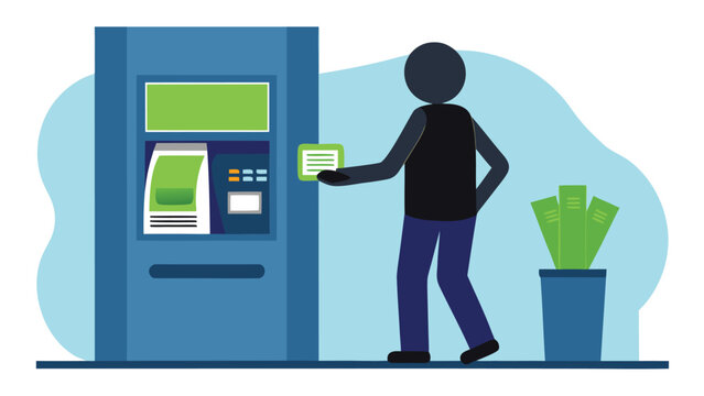 Person inserting card into ATM machine with cash nearby during daylight