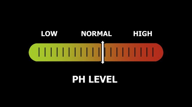 ph level indicator scale. Low normal & high meter infographic animation. Showing high ph level color gauge indicator. on a black background 4k animation video