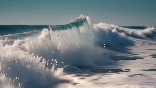 Crashing Ocean Wave with Deep Blue Water and White Foam During Sunny Day Cinematic Motion
