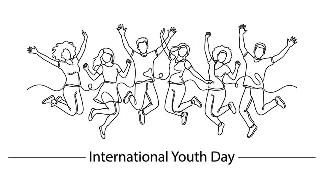 International youth day continuous line drawing of a group of happy jumping young people isolated on white background