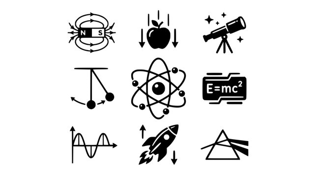 Science icons depict various concepts including atoms, rockets, and telescopes on a white background with black illustrations.