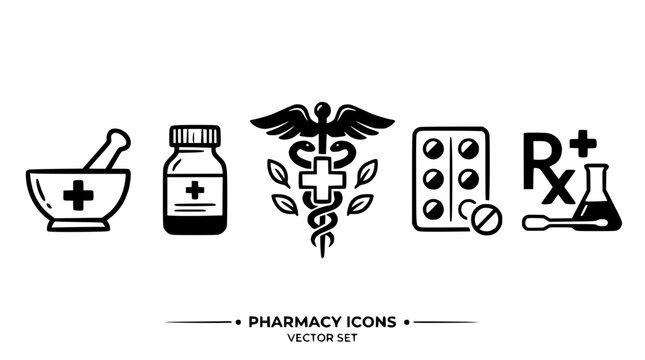 Pharmacy icons vector set with mortar, bottle, caduceus, pills, and beaker on white background