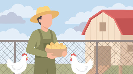 Farmer in hat and overalls collecting fresh eggs from chicken coop © Mountain Top Studio