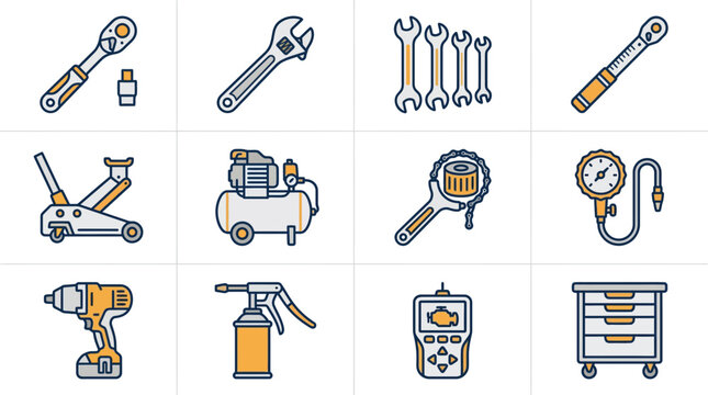 Automotive Tools and Equipment Icons Set: Repair, Maintenance, Garage