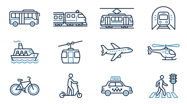 Transportation Icons Set: Bus, Train, Tram, Subway, Ferry, Cable Car, Plane, Helicopter, Bike, Scooter, Taxi