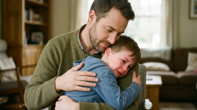 Father comforting crying son with fatherly love and affection at home