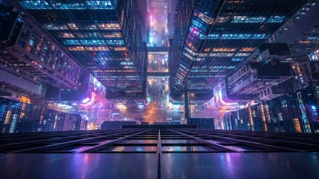 暗闇のビル群の谷間に光が灯りサイバーパンクな夜景に変化する俯瞰ループ背景