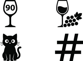 Obraz premium Minimalist black silhouette icon set featuring wine glass with score, grape cluster, cute cat, and hashtag symbol for diverse graphic design projects