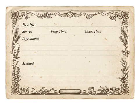 Empty vintage recipe card with decorative border isolated on transparent background