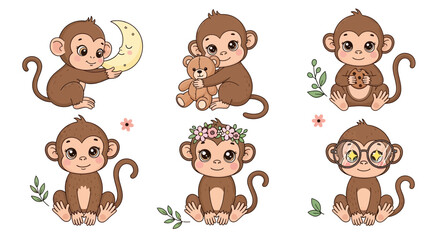 Fototapeta premium Cute Cartoon Monkey Set with Accessories, Adorable Vector Characters