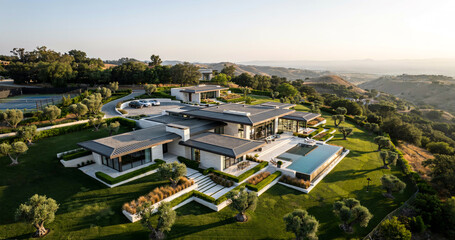 Obraz premium Modern Luxury Villa with Swimming Pool on a Green Hillside at Sunset