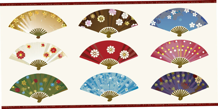 Collection Of Twelve Japanese Folding Fans Vector Illustration