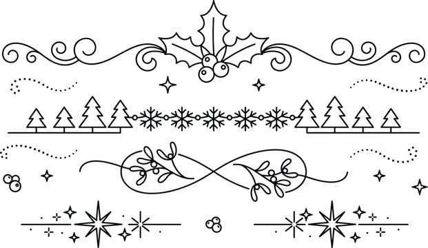 Christmas holiday text dividers line art set featuring holly berries pine trees snowflakes mistletoe and sparkles isolated on white background