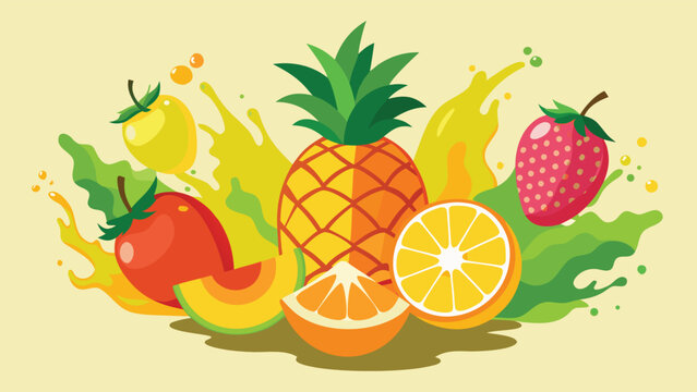Fresh tropical fruits bursting with juice during a vibrant splash against a soft yellow backdrop with a clean modern style