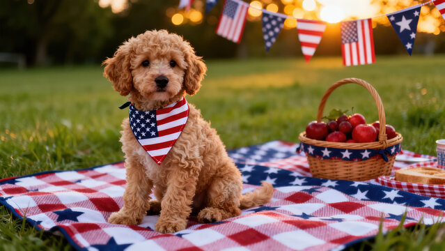 Adorable mini golden doodle puppy with a starred kerchief of American flag in the Independence Day background. dog safety image. 4th of July.