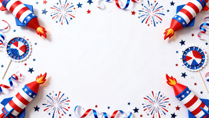 Obraz premium Patriotic fireworks and rockets on white background for 4th of july celebrations