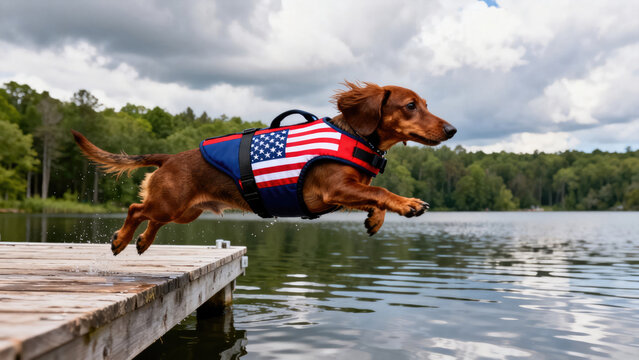 Patriotic dog celebrates independence day with joyful lake jump