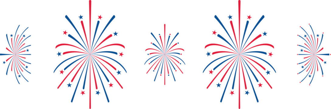 Patriotic red and blue fireworks with stars for 4th of july celebration isolated on transparent background