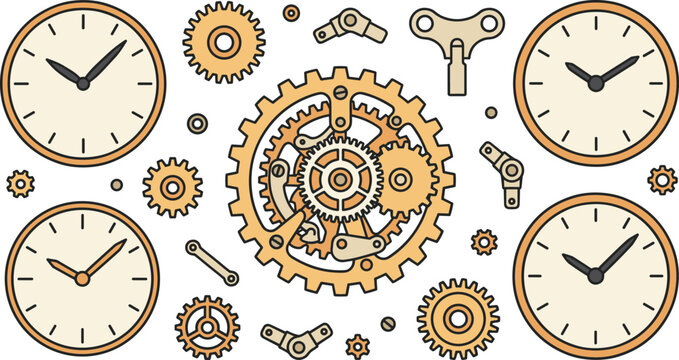 Vintage watch clockwork mechanism vector illustration set with round clock faces cogs gears and winding key isolated on white background