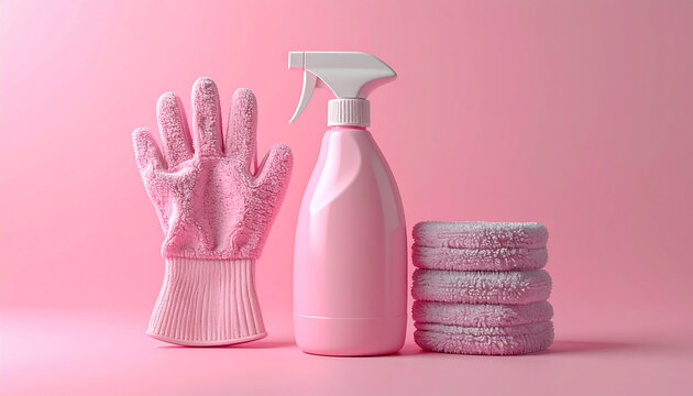 Cleaning glove spray bottle microfiber towel pink claymation style top down household cleaning hygiene soft cheerful Unreal Engine render