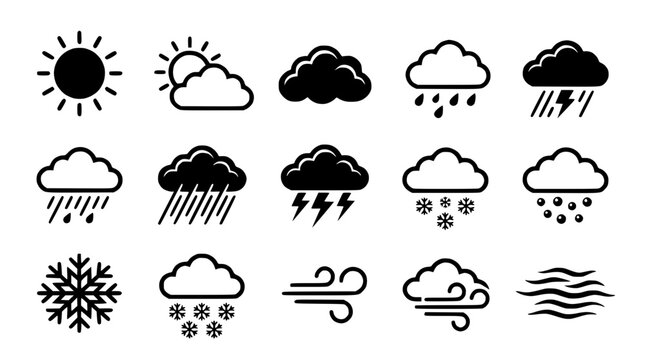 Weather forecast icons display sunny, cloudy, rainy, stormy, and snowy conditions.