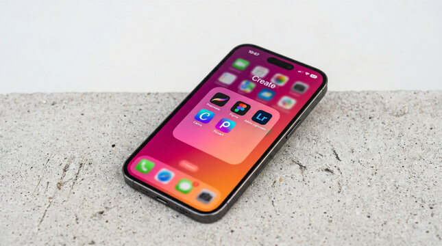 iPhone smartphone screen displaying a Create folder with Procreate, Figma, Adobe Lightroom, Canva, and Picsart application icons on a concrete background, focusing on mobile productivity tools.