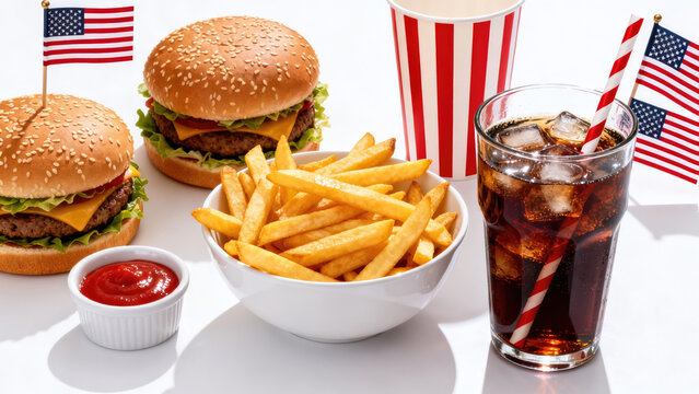 Burgers, French fries, ketchup, a glass with a drink and a small American flag. It's all on a white background. July 4th.