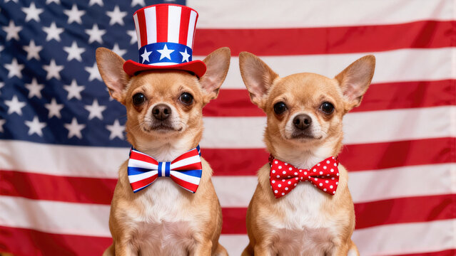 Patriotic chihuahua duo in red white and blue attire celebrating independence day
