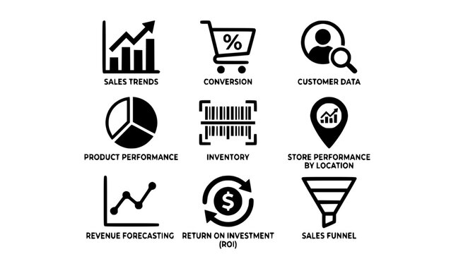 Business infographic shows sales trends conversion customer data product performance inventory store performance revenue forecasting return on investment sales funnel