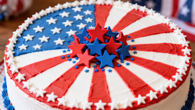 Patriotic cake with red, white, and blue stars and stripes design on top for 4th of july celebration