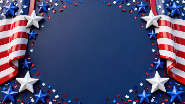 Patriotic american flag border with stars and confetti on blue background for celebratory events and holidays