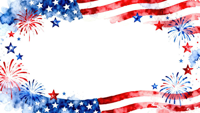 Vibrant american flag design with fireworks and watercolor splashes on white background for 4th of july celebrations and patriotic events