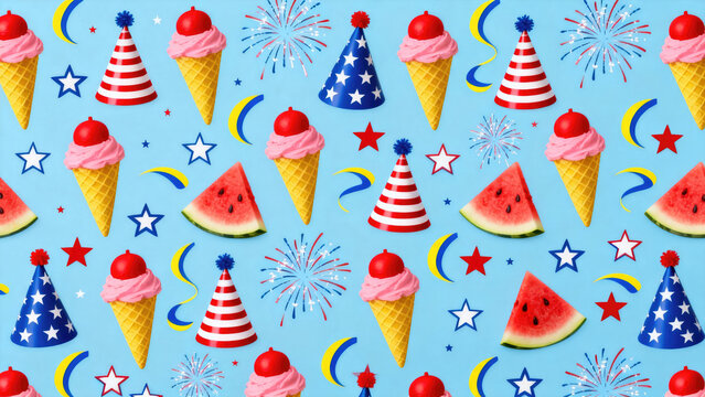 Vibrant 4th of july celebration pattern with ice cream cones fireworks and party accessories on blue background