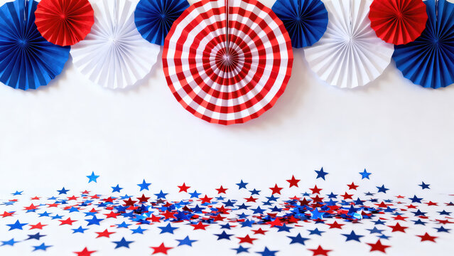 Patriotic background with red, white, and blue paper fans and stars for 4th of july celebrations isolated on white background