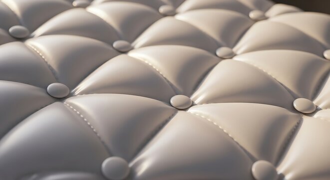 Close up view of a white leather upholstery surface with deep button tufting, creating a soft, padded, and diamond pattern