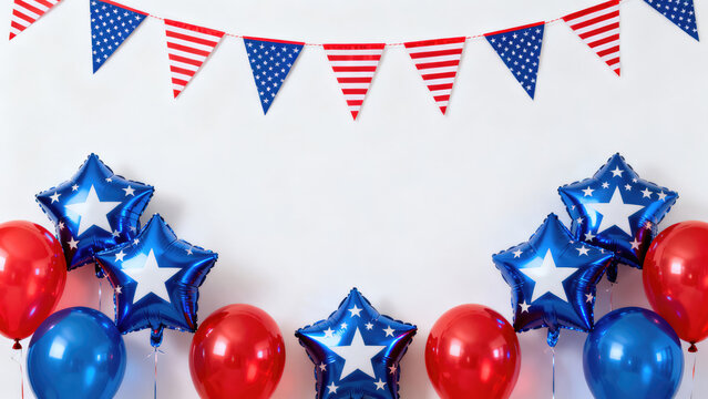Patriotic balloons, red white blue party decorations, American flag bunting, festive celebration