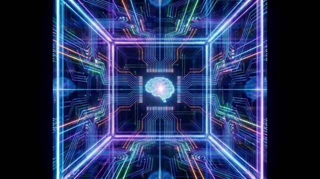 暗闇からスキャン発光して起動する回路ワイヤーで構成された立方体の部屋のループ背景